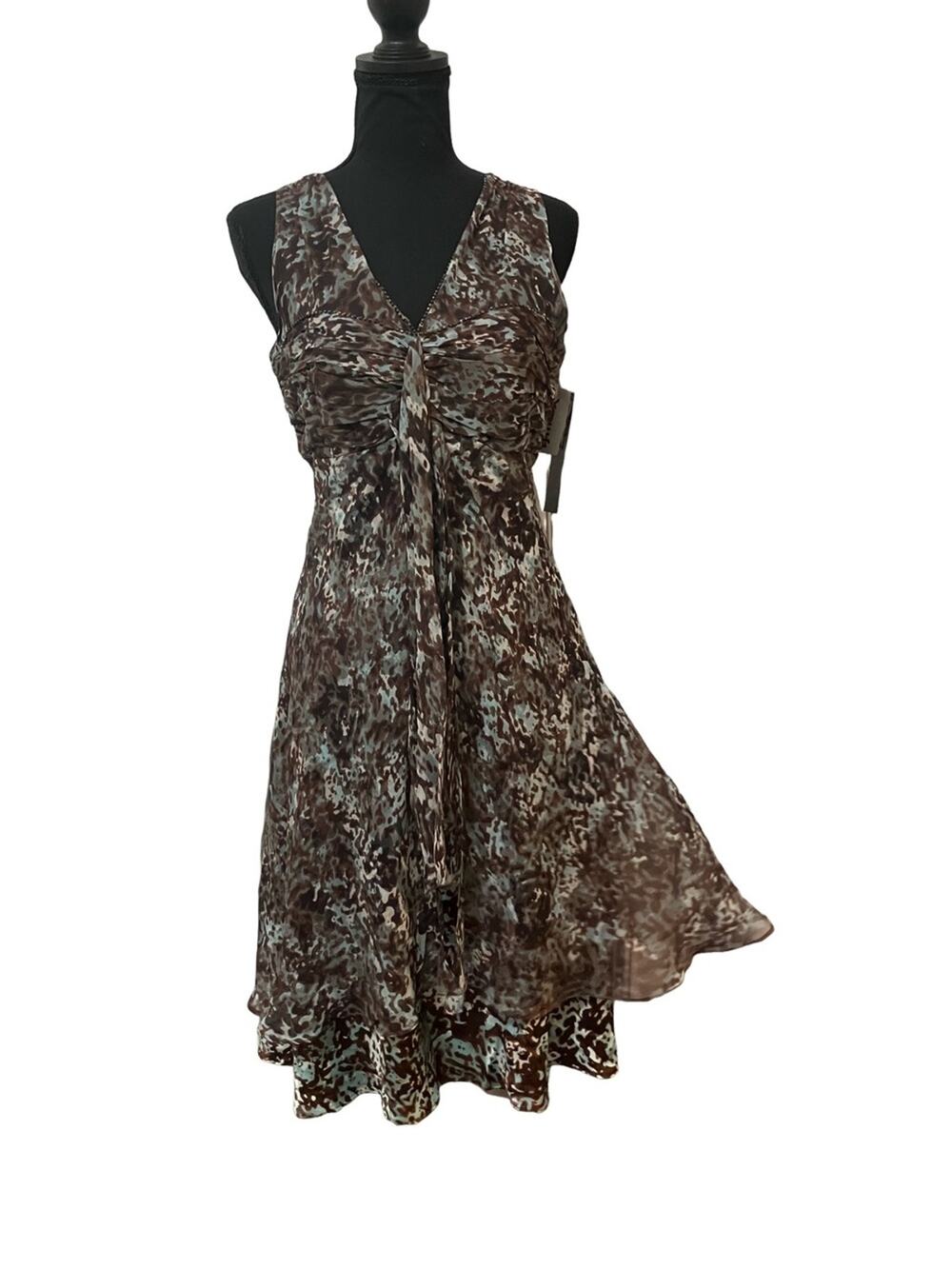 NWT Bobbie Bee Sleeveless Brown & Cream Printed V-Neck Dress 10P